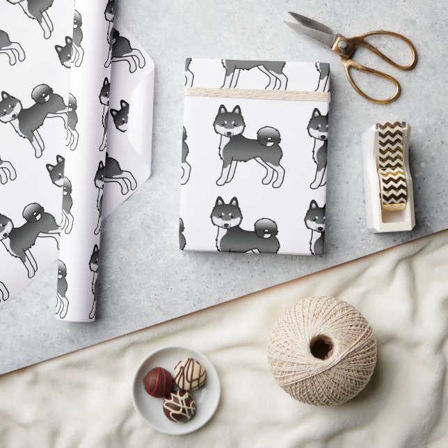 Papier Cadeau Noir Et Blanc Alaskan Klee Kai Cute Dog Motif (Artisanat)