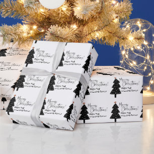 Papier Cadeau Noir et blanc Joyeux Arbre de Noël Nom