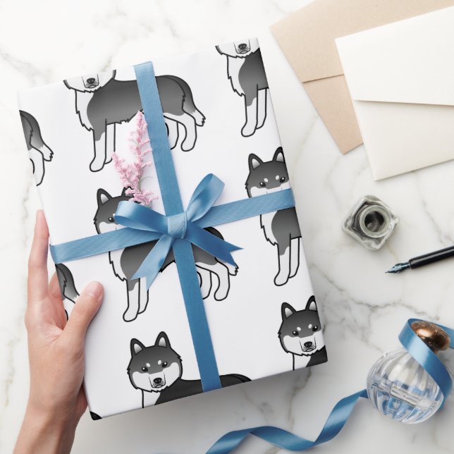 Papier Cadeau Noir Et Blanc Sibérien Husky Cute Chien Motif (Cadeaux)
