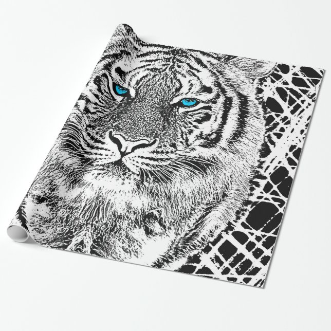 Papier Cadeau Noir et Bleu Yeux Design Tiger (Déroulé)