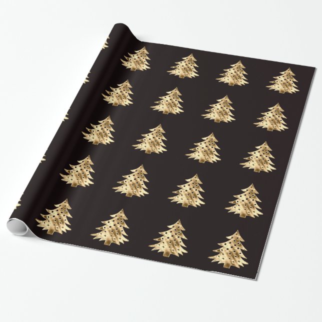 Papier Cadeau Noir et Faux Gold Foil Motif d'arbre de Noël (Déroulé)