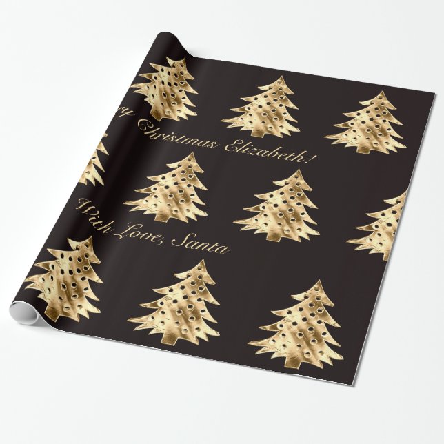 Papier Cadeau Noir et Faux Gold Foil Motif d'arbre de Noël (Déroulé)