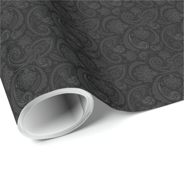 Papier Cadeau Noir Et Gris Vintage Paisley Lace Damas (Coin rond)