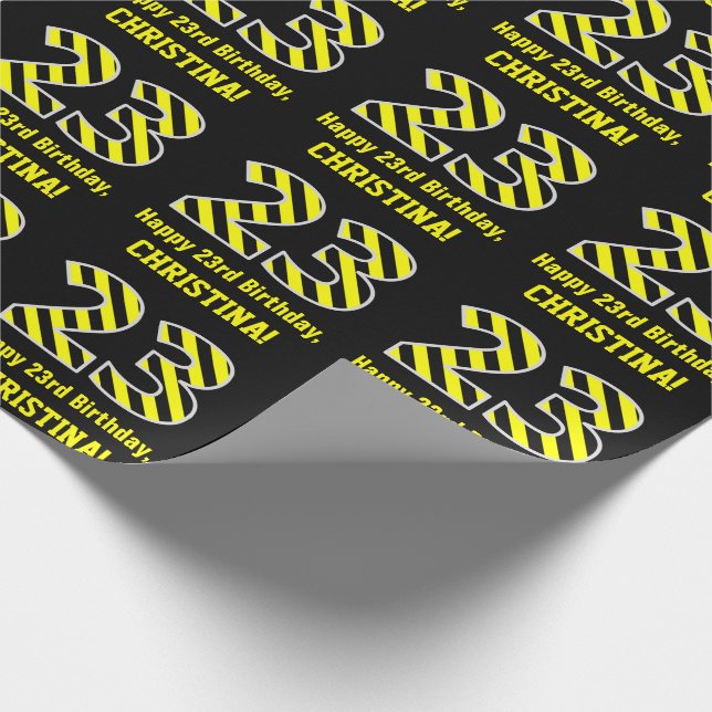 Papier Cadeau Noir et jaune rayé "23"; 23e anniversaire + nom (Coin)