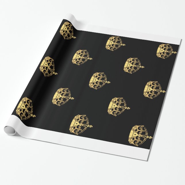 Papier Cadeau Noir et motif de couronne d'or (Déroulé)
