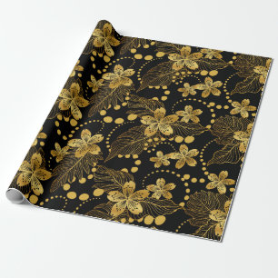 Papier Cadeau Noir et or feuilles tropicaux et fleurs motif