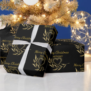 Papier Cadeau Noir et or moderne Joyeux Noël Nom Coeur