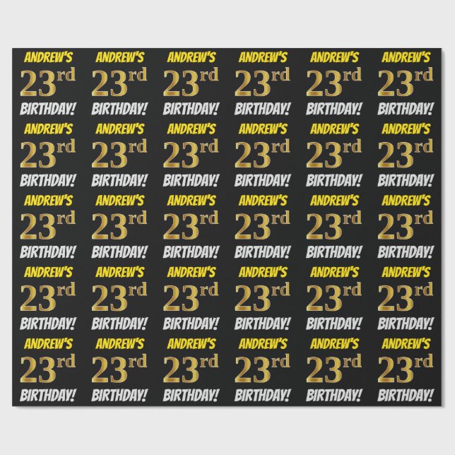 Papier Cadeau Noir, Faux/Imitation Or, "23e anniversaire" (Plat)