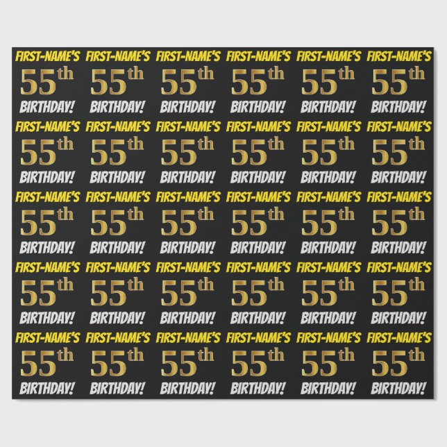 Papier Cadeau Noir, Faux/Imitation Or, "55e anniversaire" (Plat)