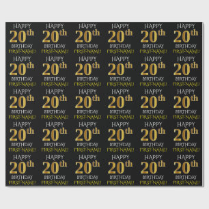 Papier Cadeau Noir, Faux Or "HEUREUX 20e ANNIVERSAIRE"