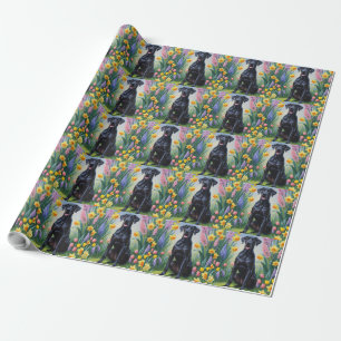 Papier Cadeau Noir Grand Danse Fleurs de printemps de chien Pein