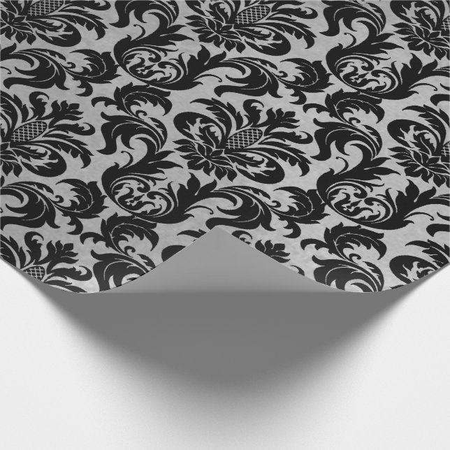 Papier Cadeau Noir gris argent cristal métal Damas (Coin)