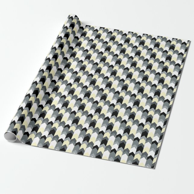 Papier Cadeau Noir, gris, chevron jaune (Déroulé)