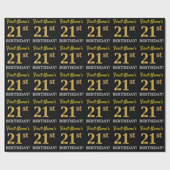 Papier Cadeau Noir, Imitation Or "21ème anniversaire" (Plat)