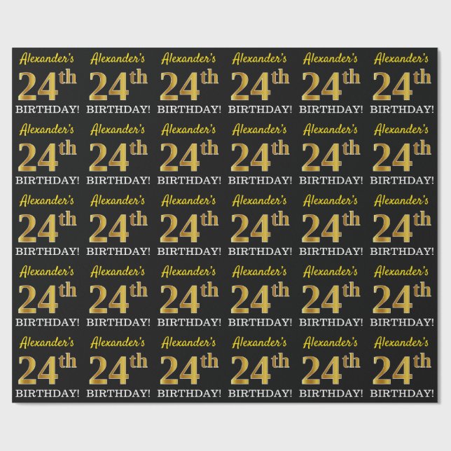 Papier Cadeau Noir, Imitation Or "24e anniversaire" (Plat)