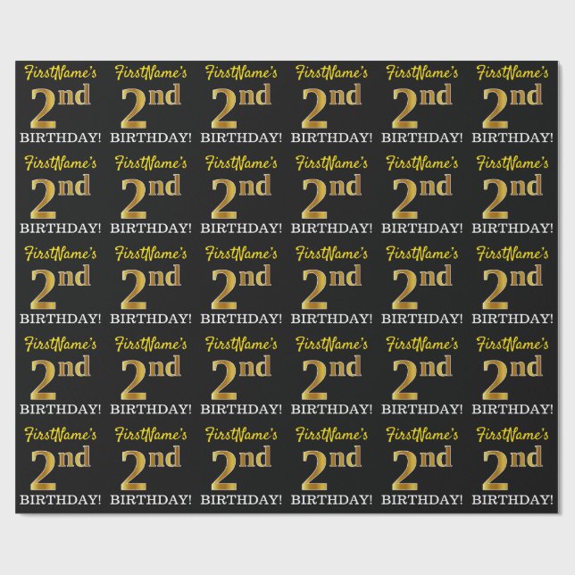 Papier Cadeau Noir, Imitation Or "2e anniversaire" (Plat)