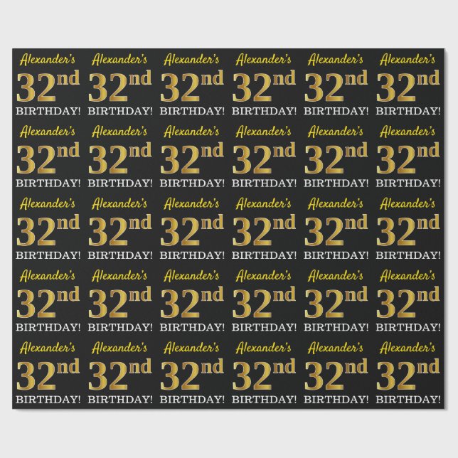 Papier Cadeau Noir, Imitation Or "32e anniversaire" (Plat)