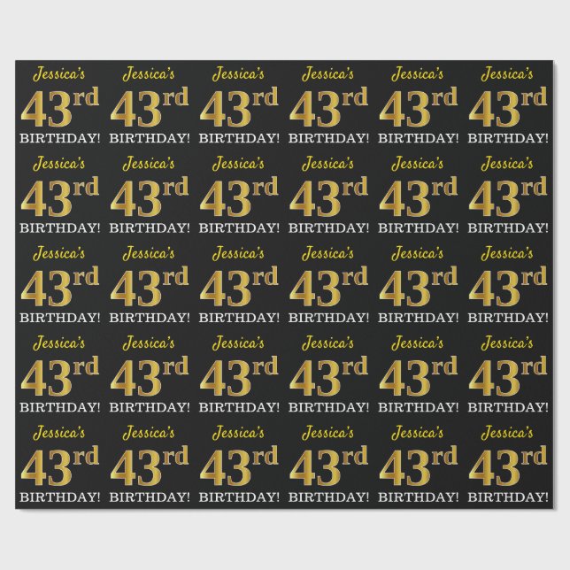 Papier Cadeau Noir, Imitation Or "43ème anniversaire" (Plat)