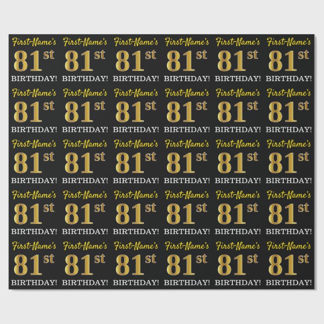 Papier Cadeau Noir, Imitation Or "81e ANNIVERSAIRE" (Plat)