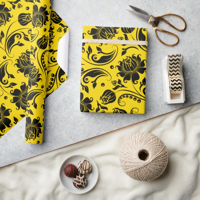 Papier Cadeau Noir & Jaune Élégant Vintage Damas florales (Artisanat)
