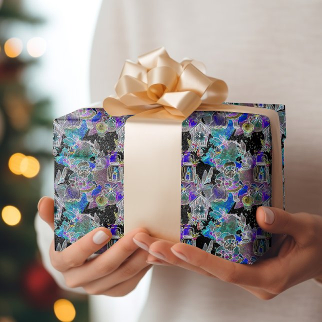 Papier Cadeau Noir Lumière Neon luisant Noël Réveillon Motif (Créateur téléchargé)