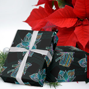 Papier Cadeau Noir Lumière Néon Noël Poinsettia Motif