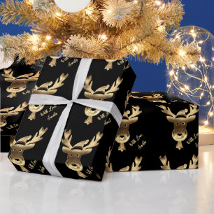 Papier Cadeau Noir moderne et rennes d'or joli Noël