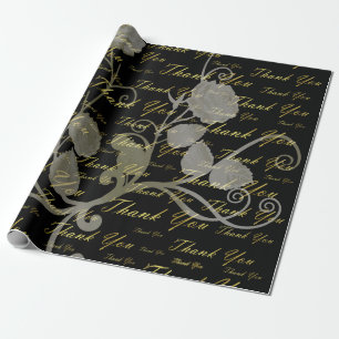 Papier Cadeau noir, or, argent, merci, fleurs, floral,