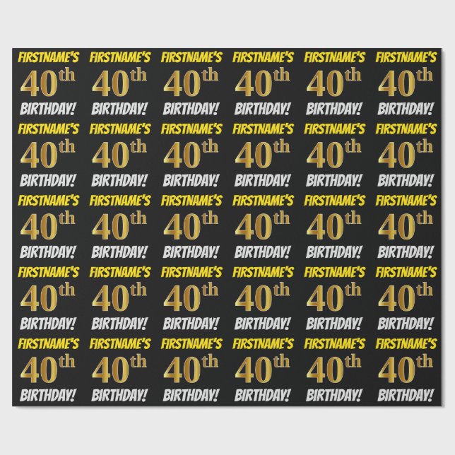Papier Cadeau Noir, Or Faux/Imitation, "40e ANNIVERSAIRE" (Plat)