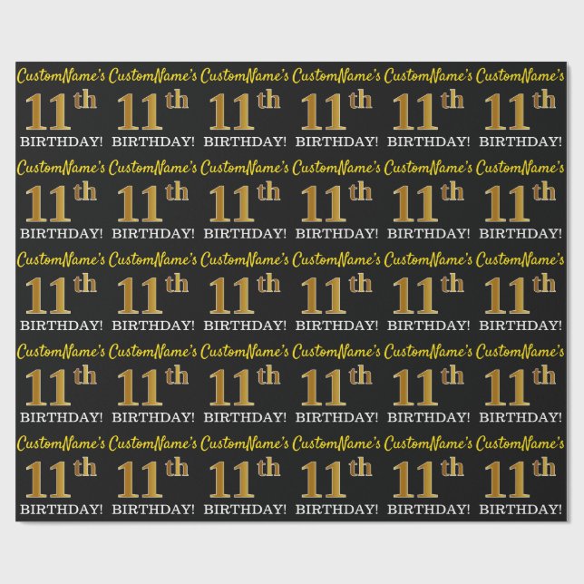 Papier Cadeau Noir, or imitation "11e ANNIVERSAIRE" (Plat)