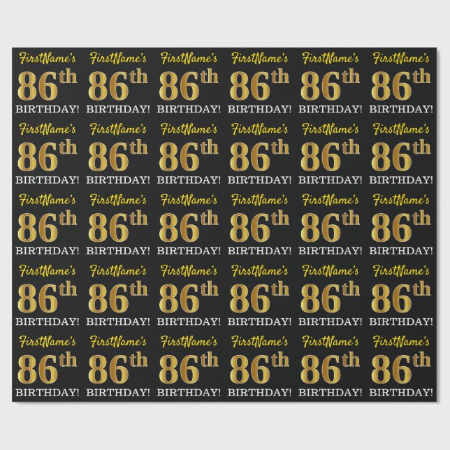 Papier Cadeau Noir, Or Imitation "86e ANNIVERSAIRE" (Plat)