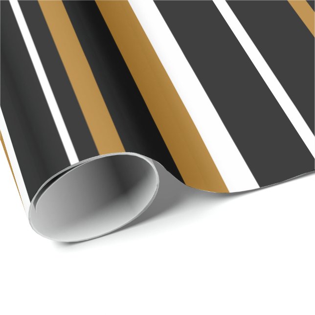 Papier Cadeau Noir, or mat et rayure blanche code-barres (Coin rond)