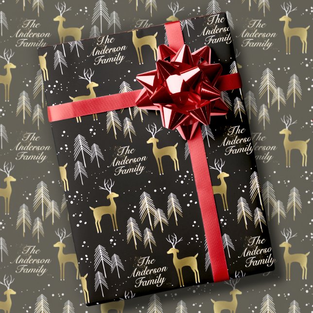 Papier Cadeau Noir & Or Reindeer de Noël Nom personnalisé (Créateur téléchargé)