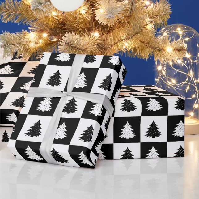 Papier Cadeau Noir Retro Arbre de Noël Tartan noir Plaid (Vacances)