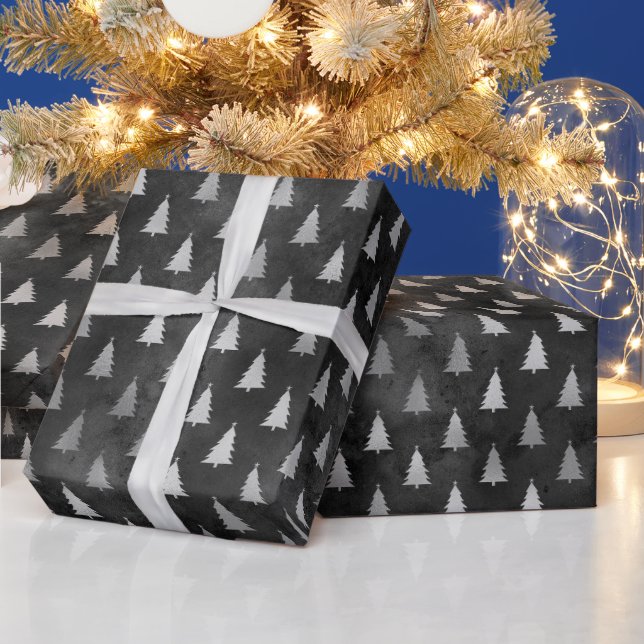 Papier Cadeau Noir rustique arbres de Noël motif (Vacances)