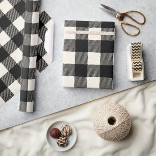 Papier Cadeau Noir rustique et blanc cassé Buffle Plaid Noël