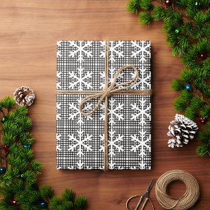 Papier Cadeau Noir rustique et blanc Plaid Snowflake Noël