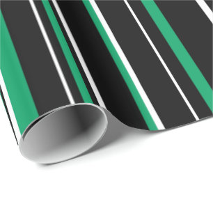 Papier Cadeau Noir, vert trèfle et rayure blanche