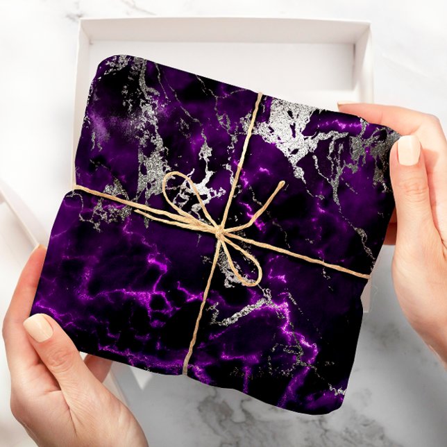 Papier Cadeau Noir violet Marbre blanc argenté brillant (Noir Purple Silver White Marble Shiny Glam Wrapping Paper)