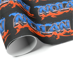 Papier Cadeau Nolan prénom nom Graffiti bleu orange