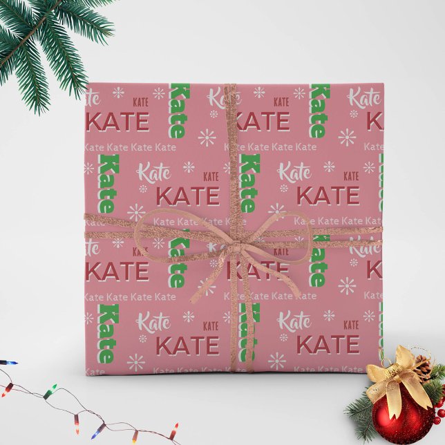 Papier Cadeau Nom court Typographie rose Noël personnalisé (name personalized wrapping paper christmas green white red pink custom typography design unique)