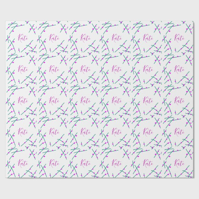 Papier Cadeau Nom d'arbre de cerisier vert rose boho rétro rusti (Plat)
