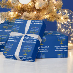 Papier Cadeau Nom de famille Happy Hanoukka Menorah Blanc Bleu O