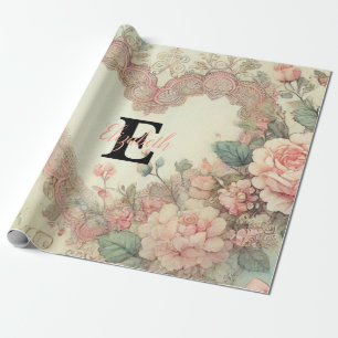 Papier Cadeau Nom de monogramme Coeurs vintages aquarelle floral