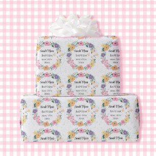 Papier Cadeau Nom du baptême Date Cross Dove Spring Flowers