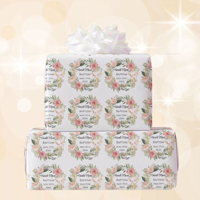 Papier Cadeau Nom du baptême Date Cross Dove Spring Flowers (Créateur téléchargé)