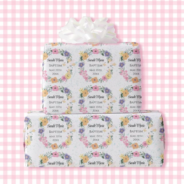 Papier Cadeau Nom du baptême Date Cross Dove Spring Flowers (Créateur téléchargé)