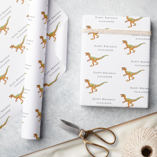 Papier Cadeau Nom du garçon personnalisé Joyeux Dinosaur d'anniv (Personalized boy name Dinosaur velociraptor happy birthday gift wrapping paper Jurassic dino raptor)