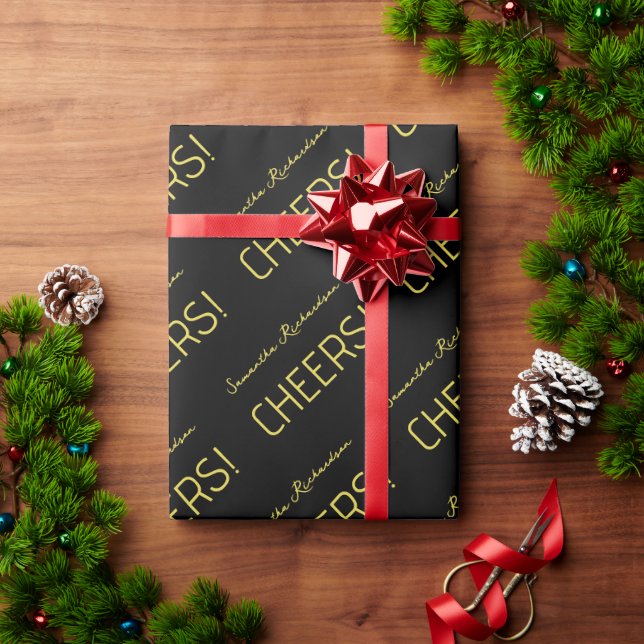 Papier Cadeau Nom élégant du script Black Gold (Cadeau de vacances)