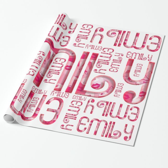 Papier Cadeau Nom Emily mignonne Rose Love Heart Kiss Typographi (Déroulé)